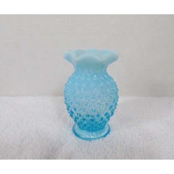 Fenton Vase Hobnail Aqua Blue Opalescent Glass Bud Small 3.5” Ruffle Edge Set 2 - Picture 2 of 16